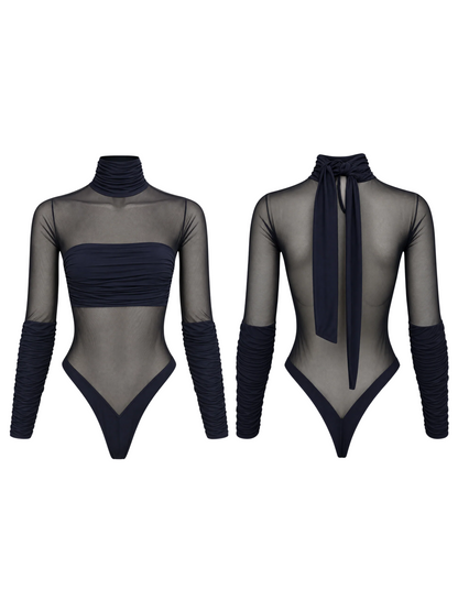 Black Mesh Ruched High Neck Long Sleeve Bodysuit