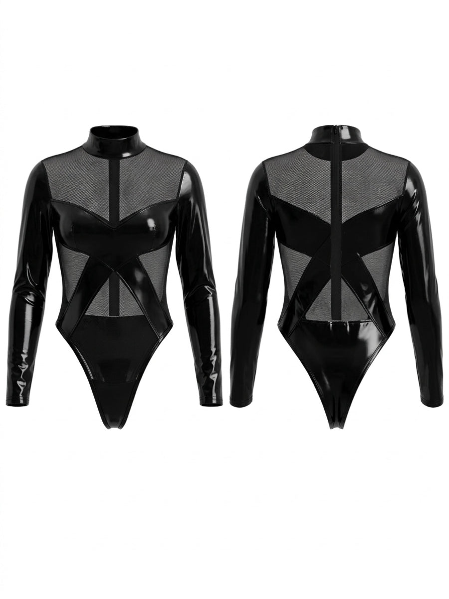 Black Glossy Mesh Panel Long Sleeve Bodysuit