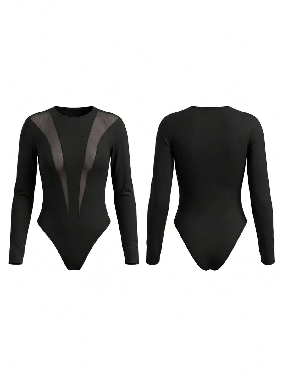 Black Long Sleeve Mesh Panel Bodysuit