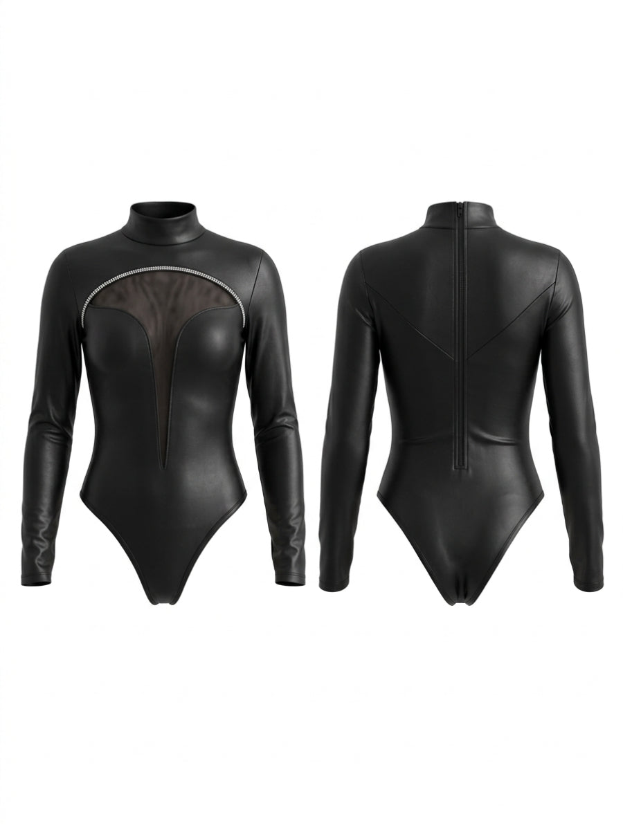 Black Faux Leather Mesh Panel Zipper Bodysuit