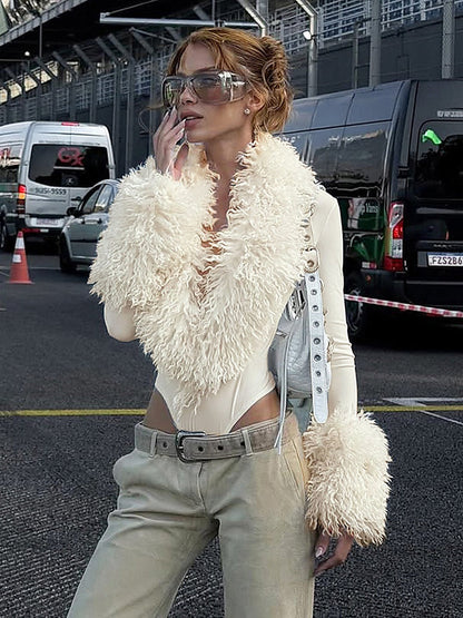 Women's Fuzzy Trim Deep V-Neck Long Sleeve Bodysuit