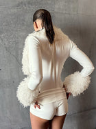 Women's Fuzzy Trim Deep V-Neck Long Sleeve Bodysuit