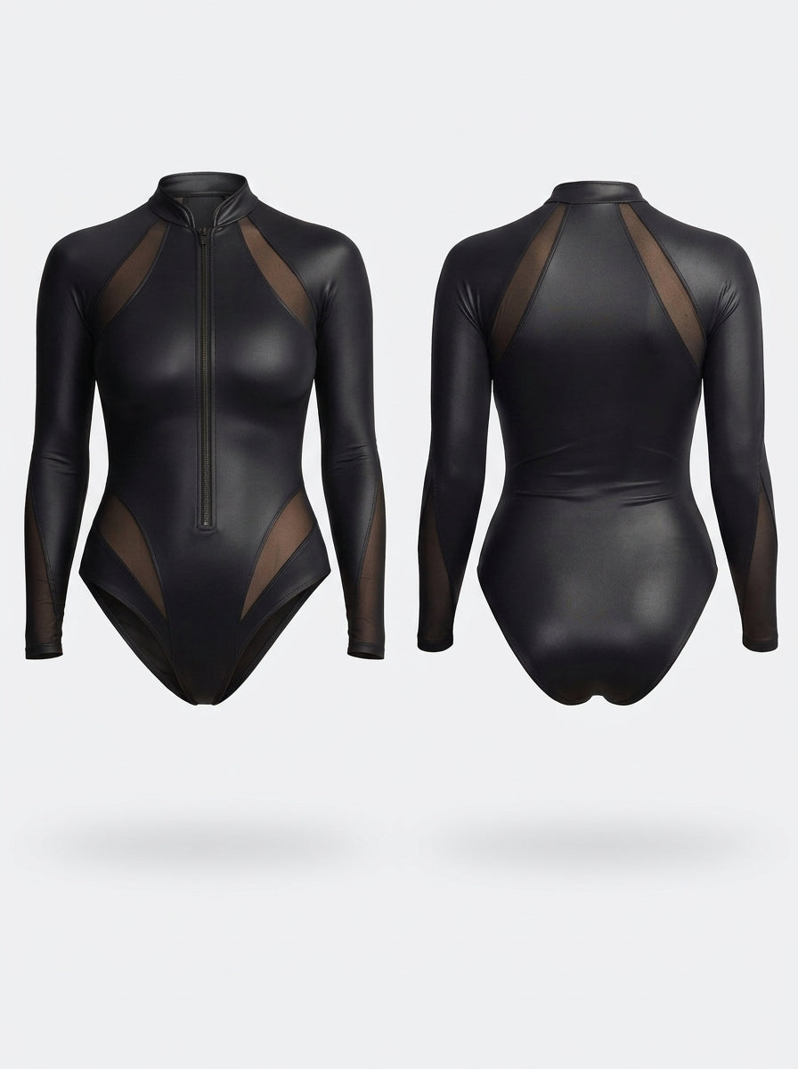 Sleek Faux Leather Mesh Long Sleeve Bodysuit