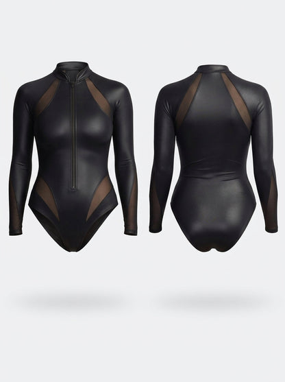 Sleek Faux Leather Mesh Long Sleeve Bodysuit