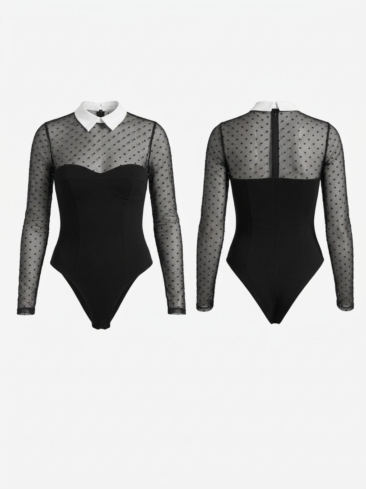 SUBO Polka Dot Mesh Long Sleeve Bodysuit with Collar