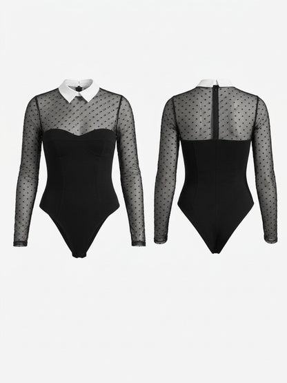 SUBO Polka Dot Mesh Long Sleeve Bodysuit with Collar