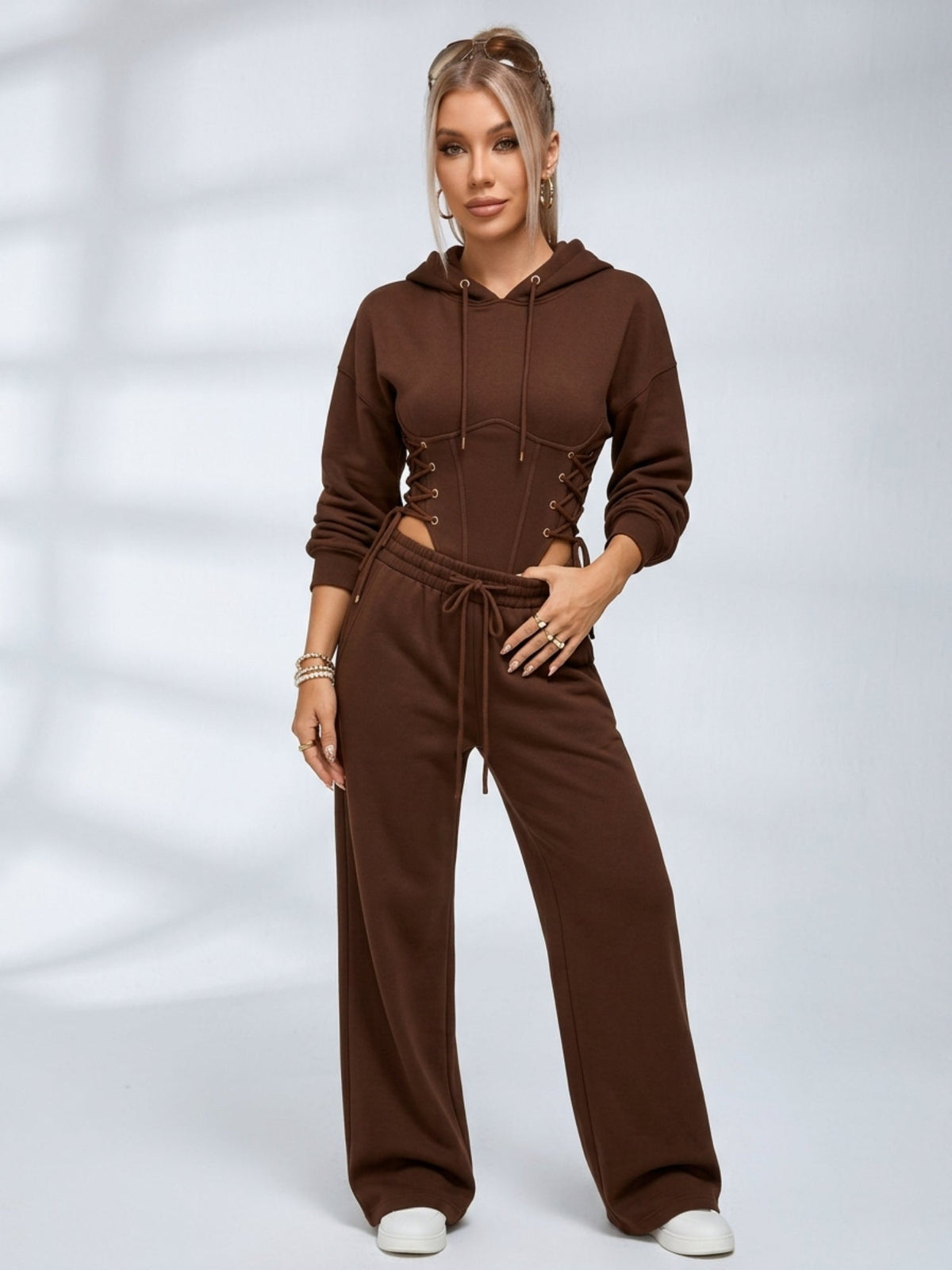 Corset Lace Up Bodysuit Wide Leg Sweatpants 2 Piece Set