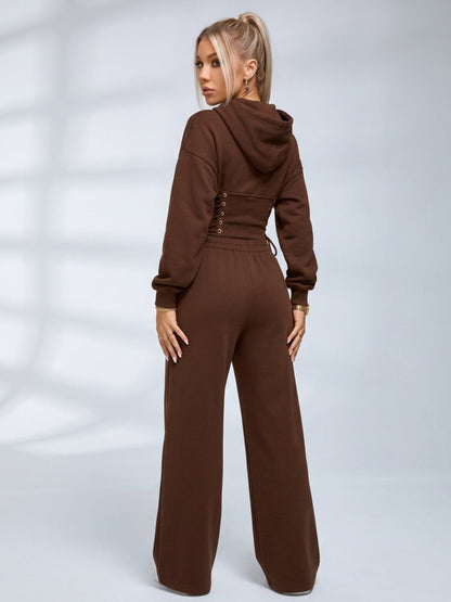 Corset Lace Up Bodysuit Wide Leg Sweatpants 2 Piece Set