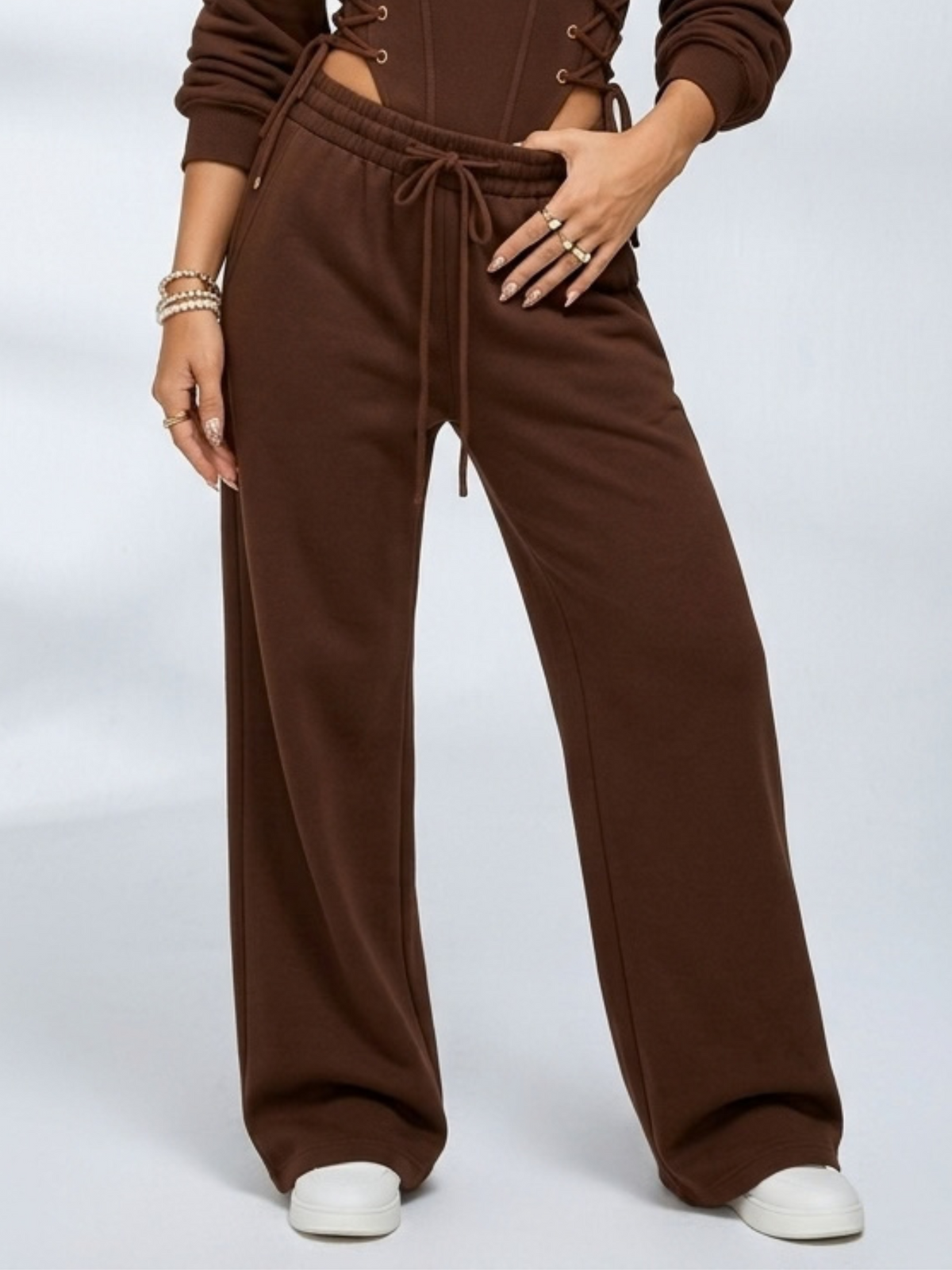 Corset Lace Up Bodysuit Wide Leg Sweatpants 2 Piece Set
