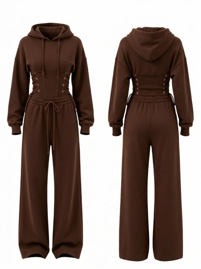 Corset Lace Up Bodysuit Wide Leg Sweatpants 2 Piece Set
