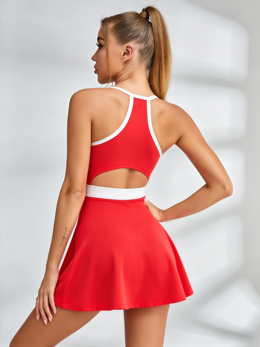 Color-Block Racerback Tennis Dress with Cutout & Built-In Shorts