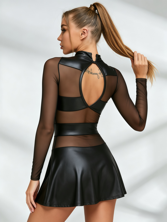 Mesh & Faux Leather Open-Back Mini Dress