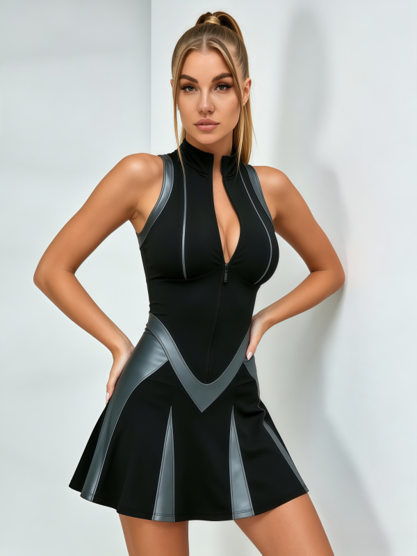 Zip Front Color Block Spliced Tennis Dress