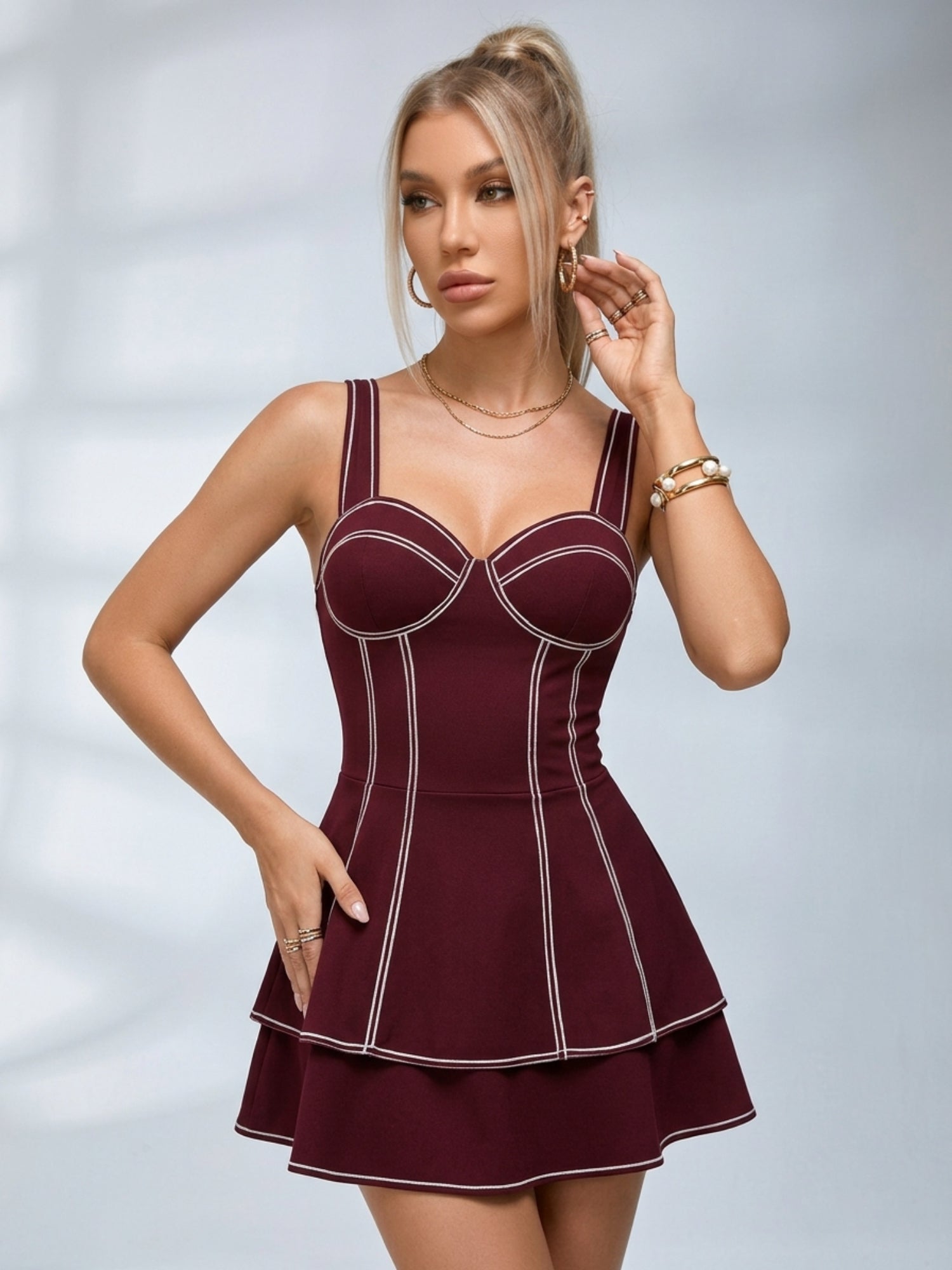 Contrast Piping Corset Layered Skater Mini Dress