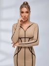 Contrast Piping Hooded Zip‑Up Bodycon Midi Dress