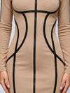 Contrast Piping Hooded Zip‑Up Bodycon Midi Dress
