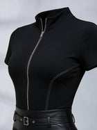 Stand Collar Front Zip Short Sleeve Fitted Belted Mini Skirt Set