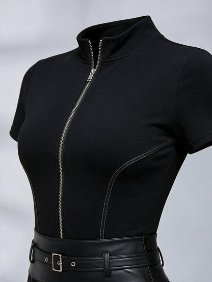Stand Collar Front Zip Short Sleeve Fitted Belted Mini Skirt Set