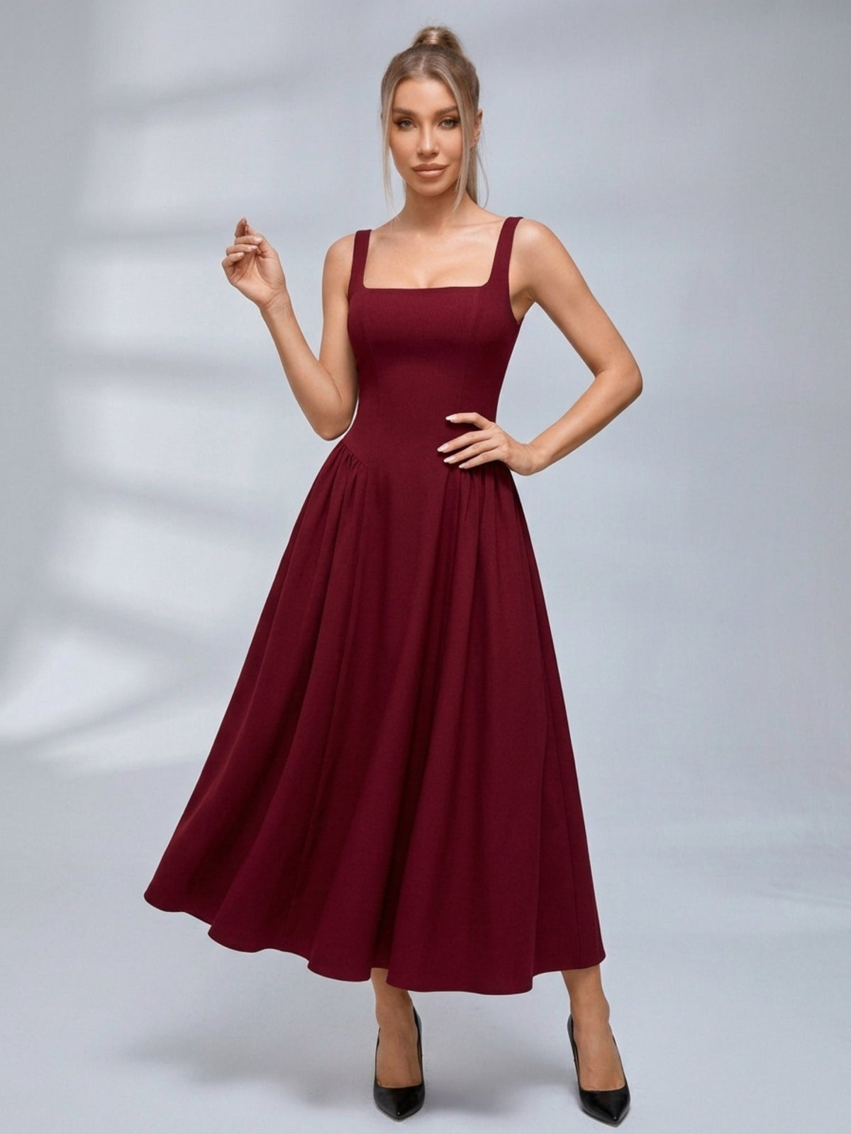Square Neck Fit And Flare Midi Dress