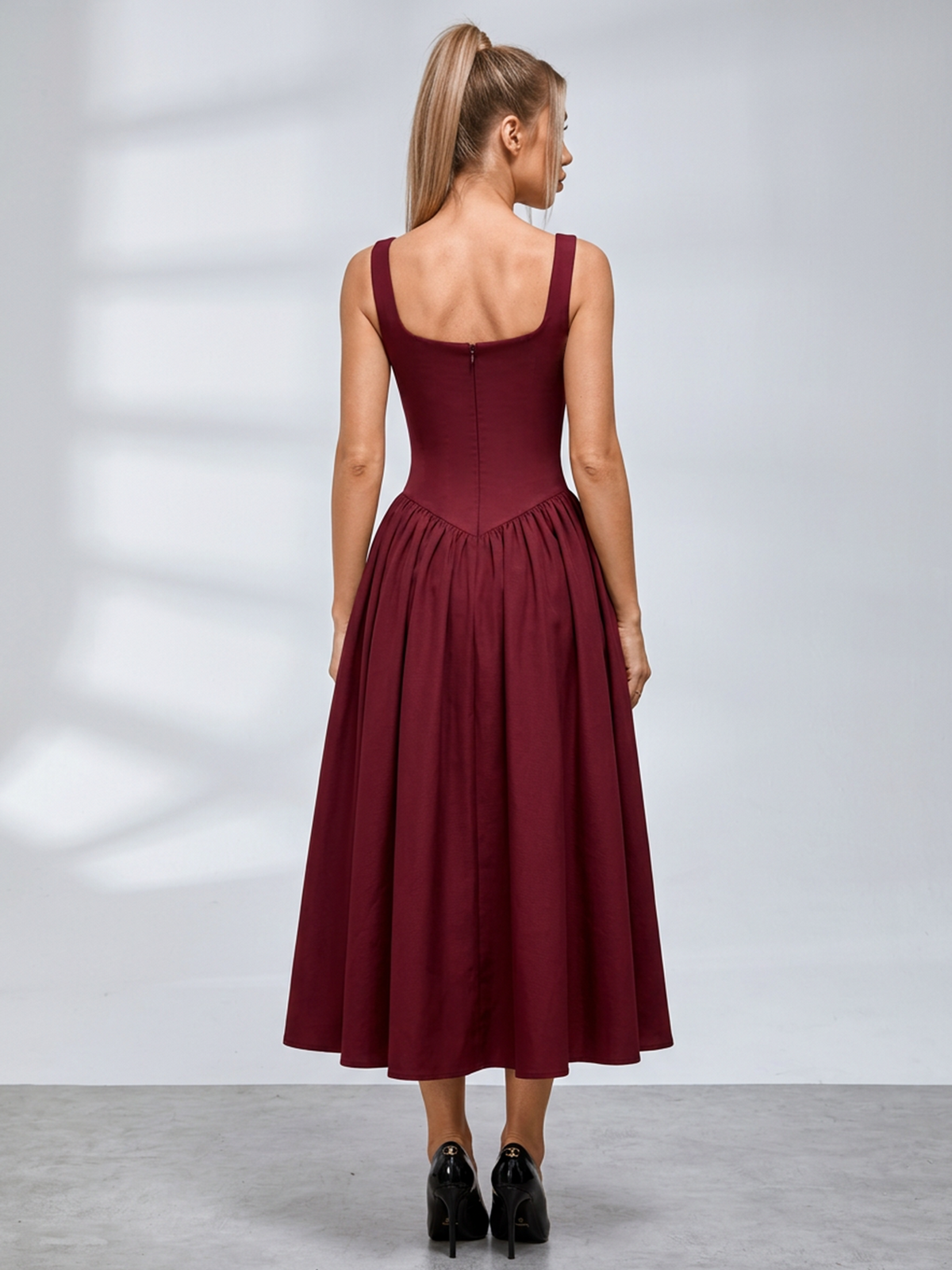 Square Neck Fit And Flare Midi Dress