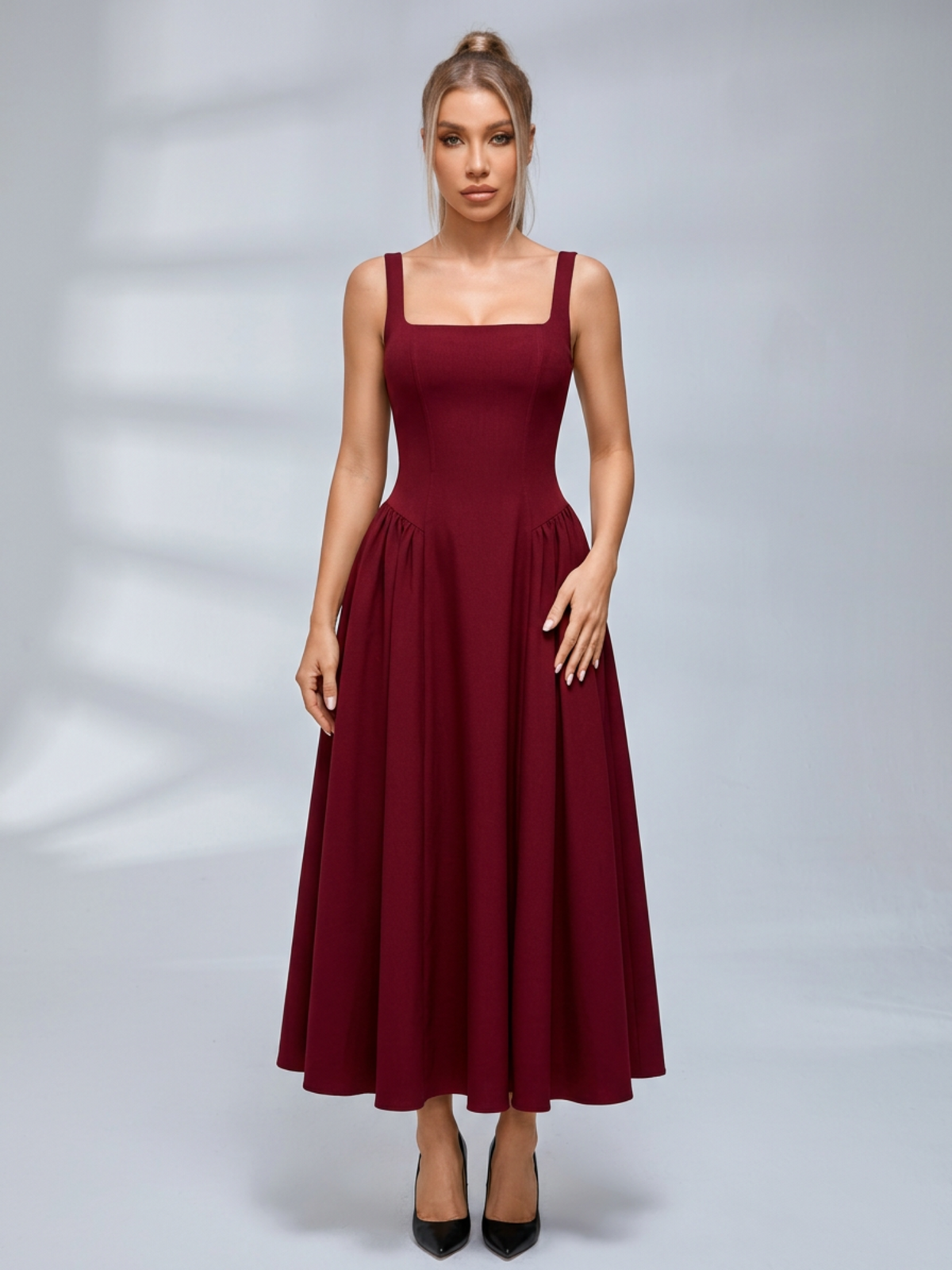 Square Neck Fit And Flare Midi Dress