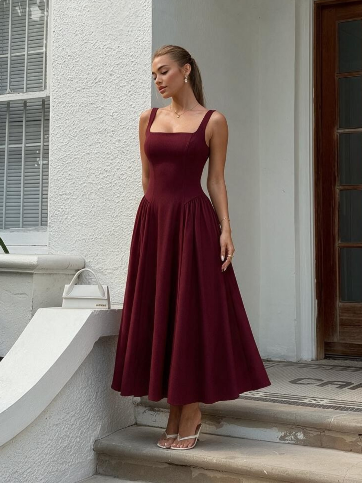 Square Neck Fit And Flare Midi Dress