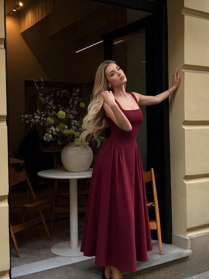 Square Neck Fit And Flare Midi Dress