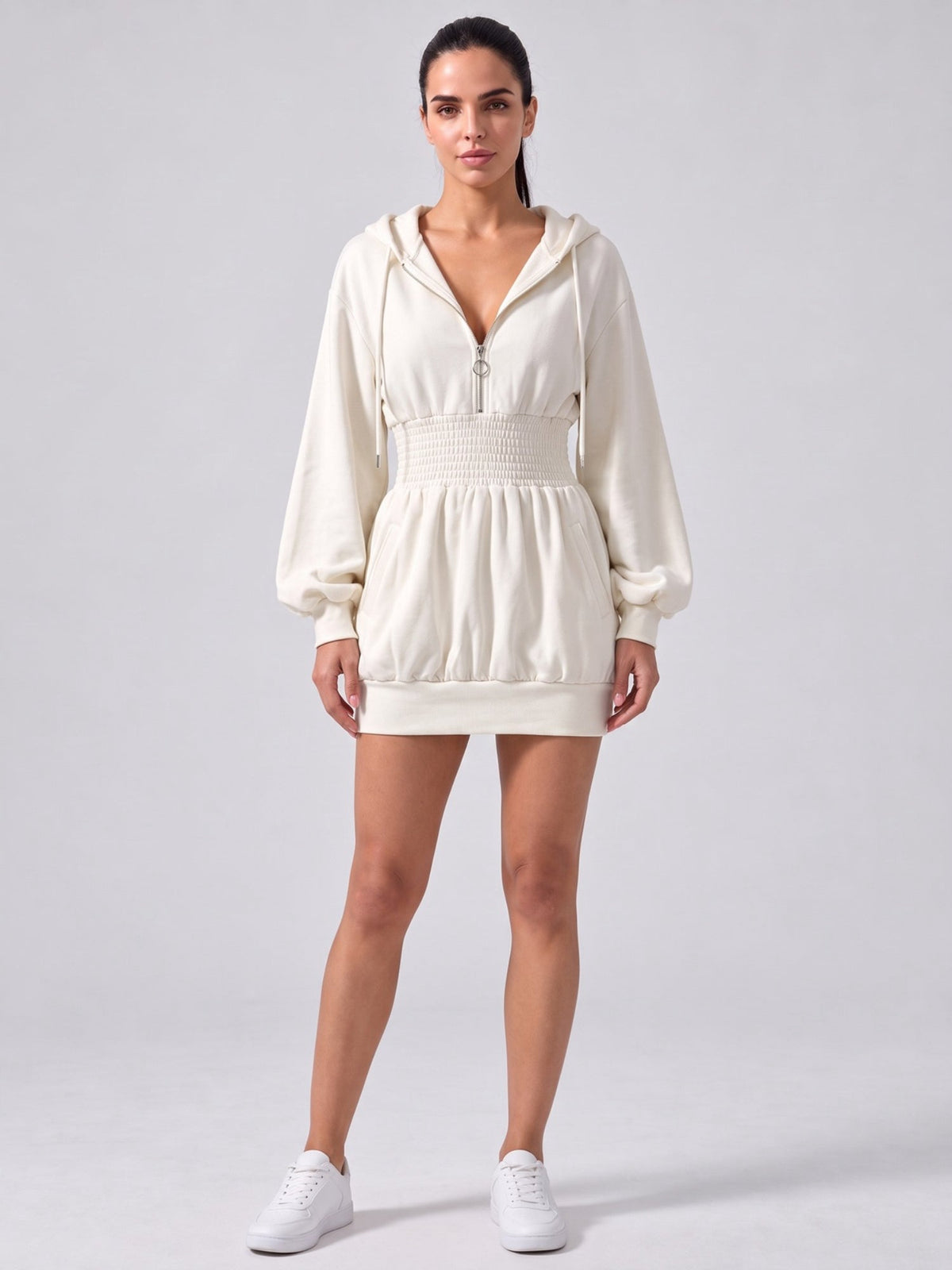 Deep V-Neck Shirred Waist Hooded Mini Dress