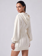 Deep V-Neck Shirred Waist Hooded Mini Dress