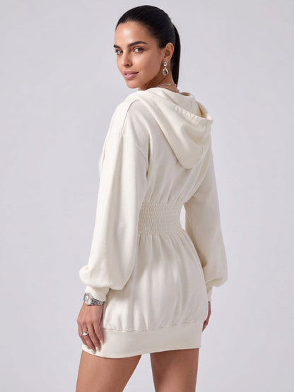 Deep V-Neck Shirred Waist Hooded Mini Dress