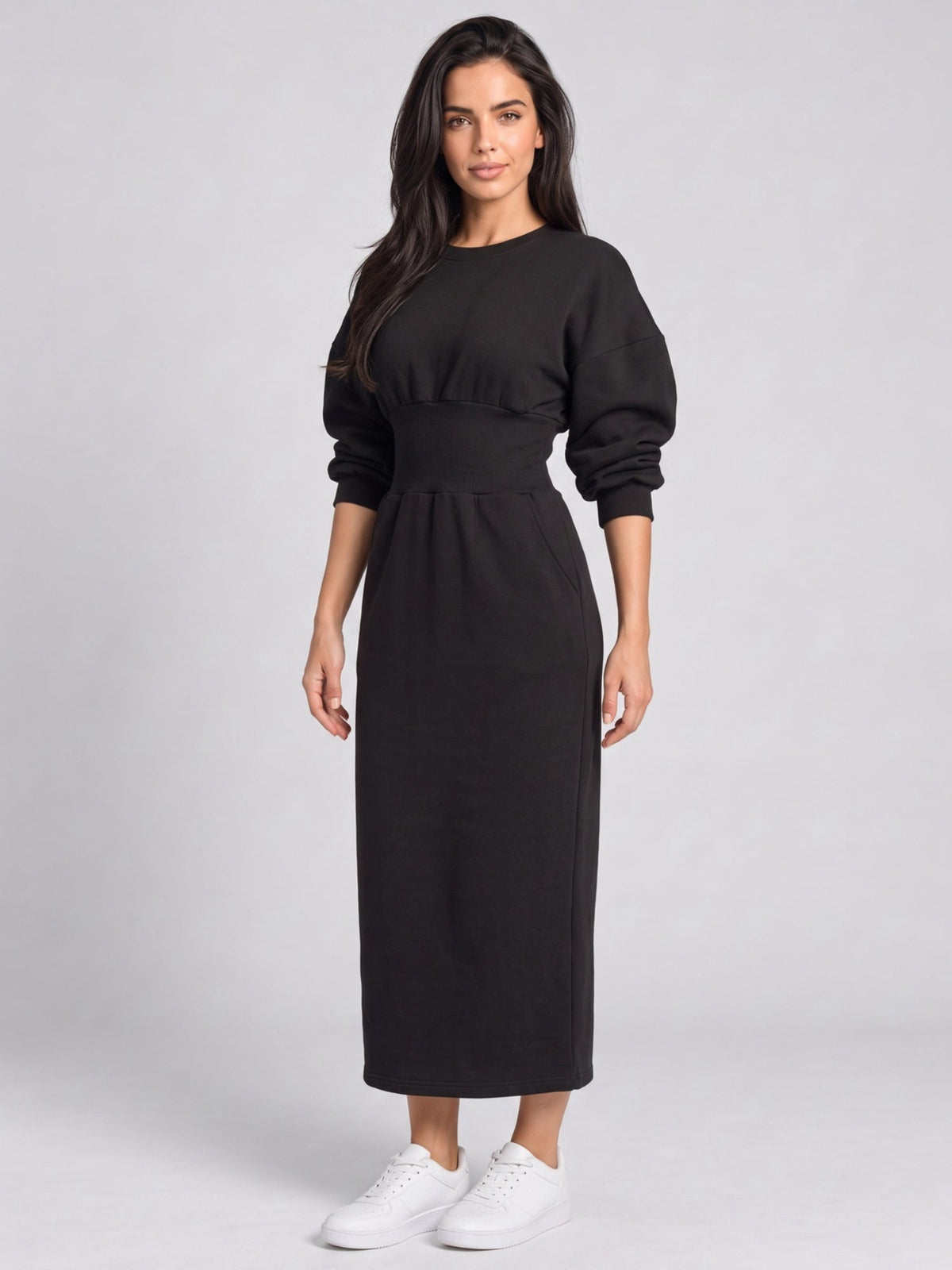 Elegant Cinched Waist Maxi Dress with Voluminous Sleeves
