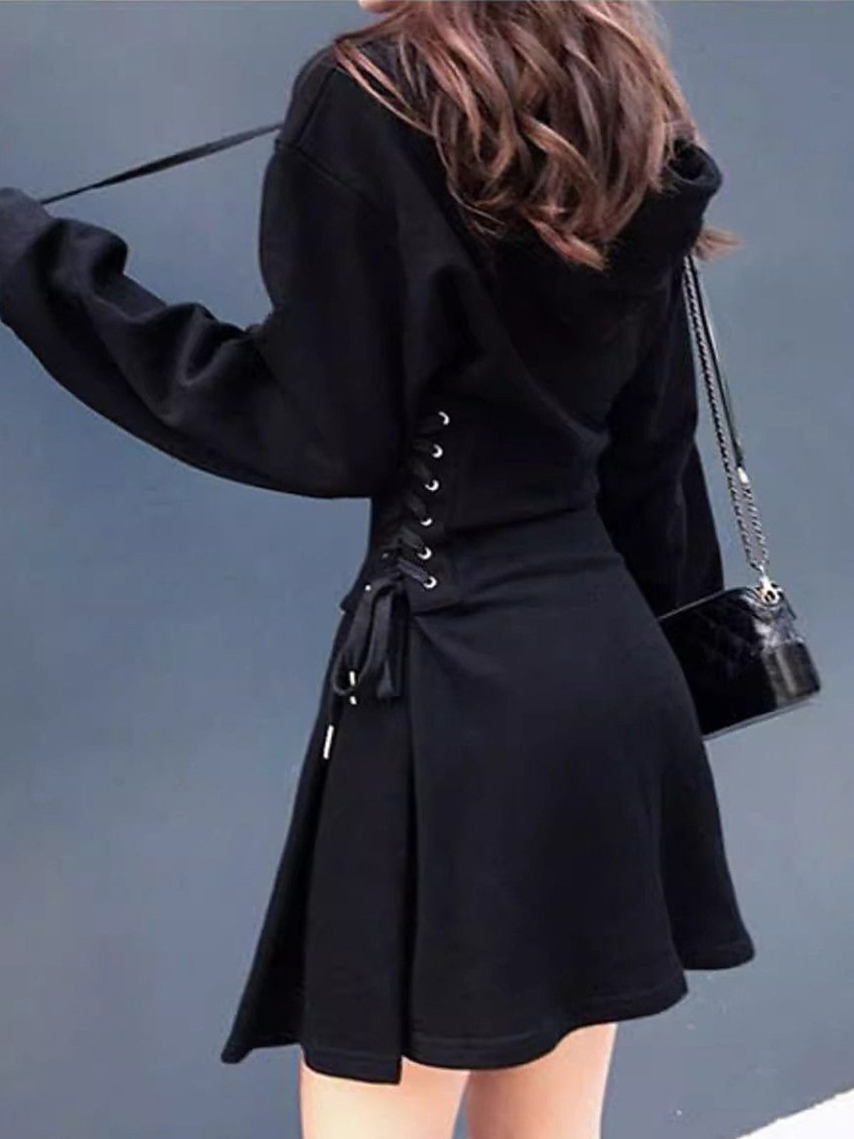 Women's Hooded Mini Dress with Corset-Style Side Lacing