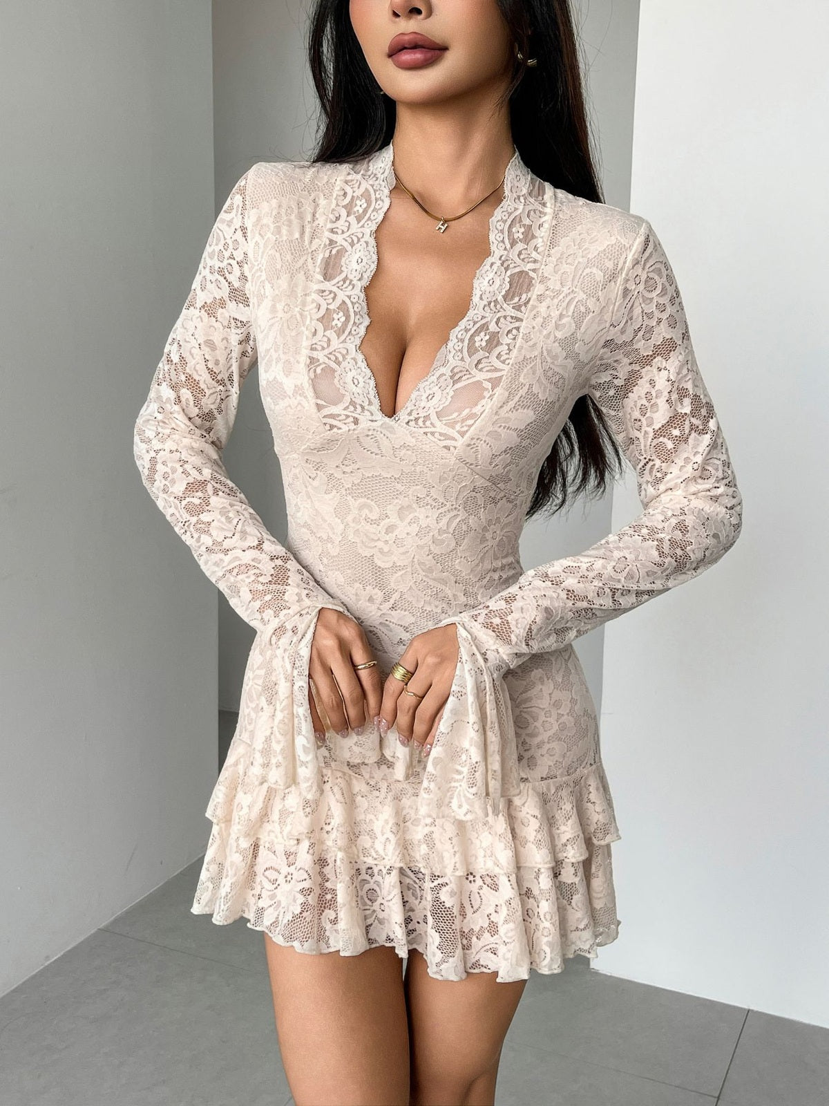 Lace Deep V-Neck Ruffle Hem Mini Dress with Bell Sleeves