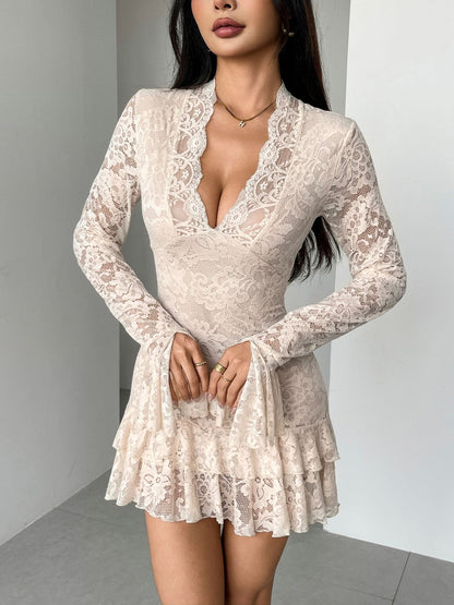 Lace Deep V-Neck Ruffle Hem Mini Dress with Bell Sleeves