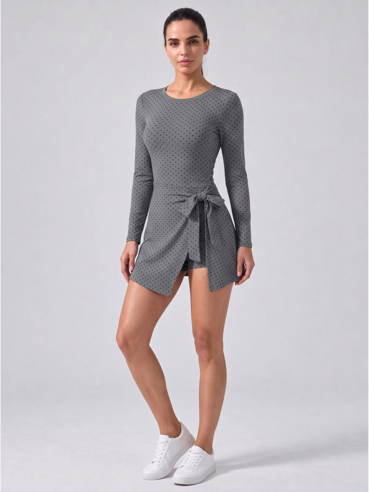 Polka Dot Long Sleeve Tie-Waist Skort Dress