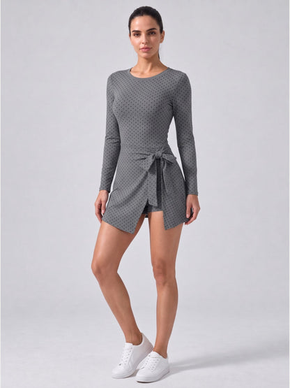 Polka Dot Long Sleeve Tie-Waist Skort Dress
