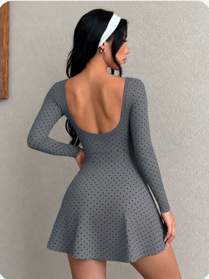 Polka Dot Long Sleeve Tie-Waist Skort Dress