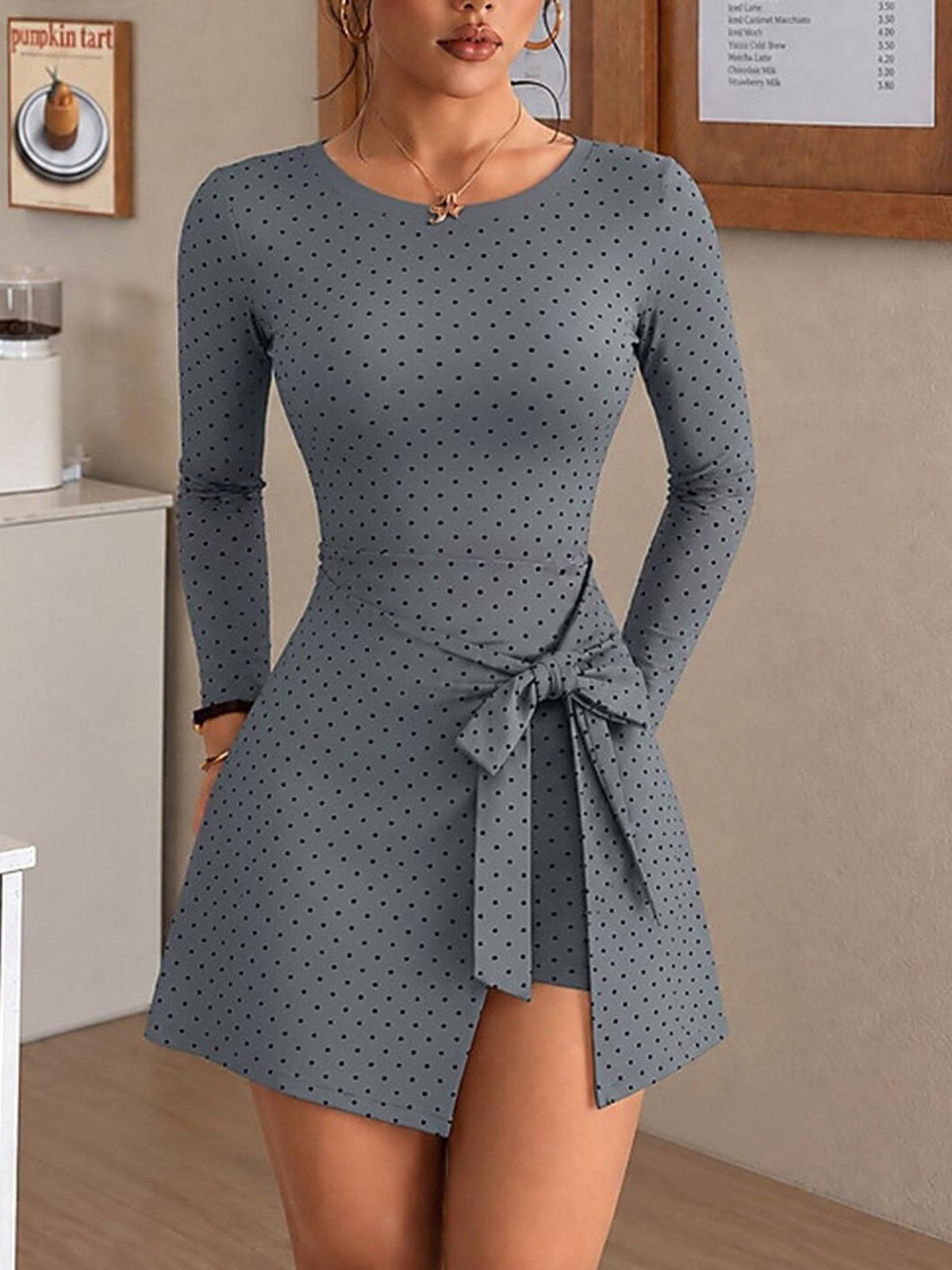 Polka Dot Long Sleeve Tie-Waist Skort Dress