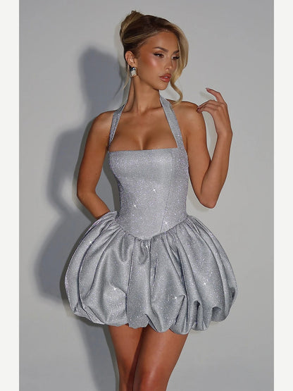 Glitter Halter Corset Bubble Mini Dress