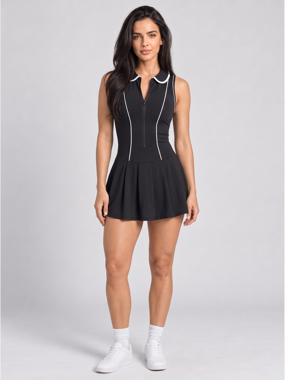Women's Sleeveless Polo Collar Tennis Dress with Pleated Skirt