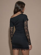 Asymmetrical One-Shoulder Lace Sleeve Ruched Mini Dress