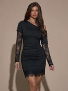 Asymmetrical One-Shoulder Lace Sleeve Ruched Mini Dress