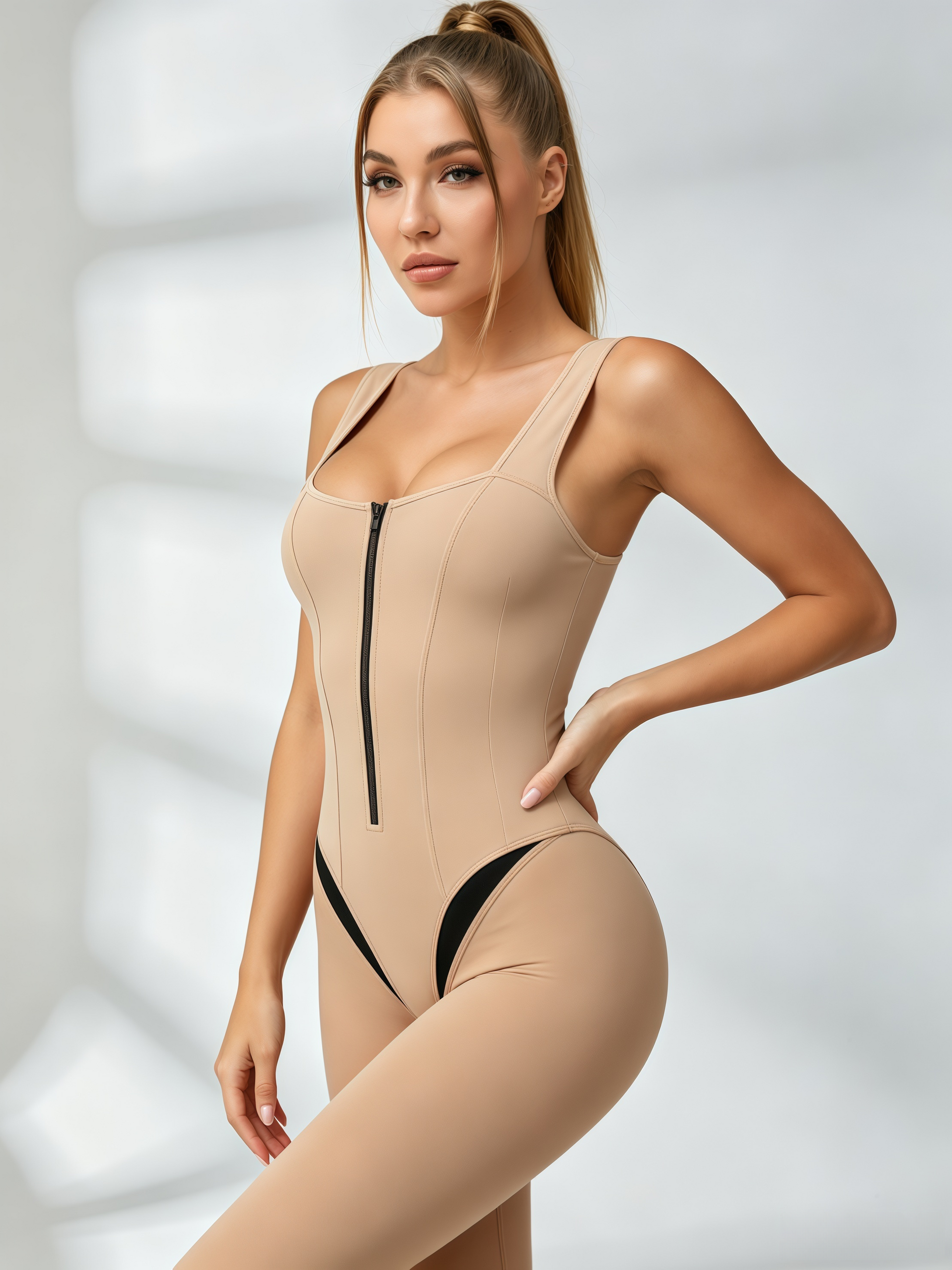 Zip‑Front Contrast Cutout Compression Jumpsuit