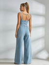 Button‑Front Pocketed Wide‑Leg Denim Jumpsuit