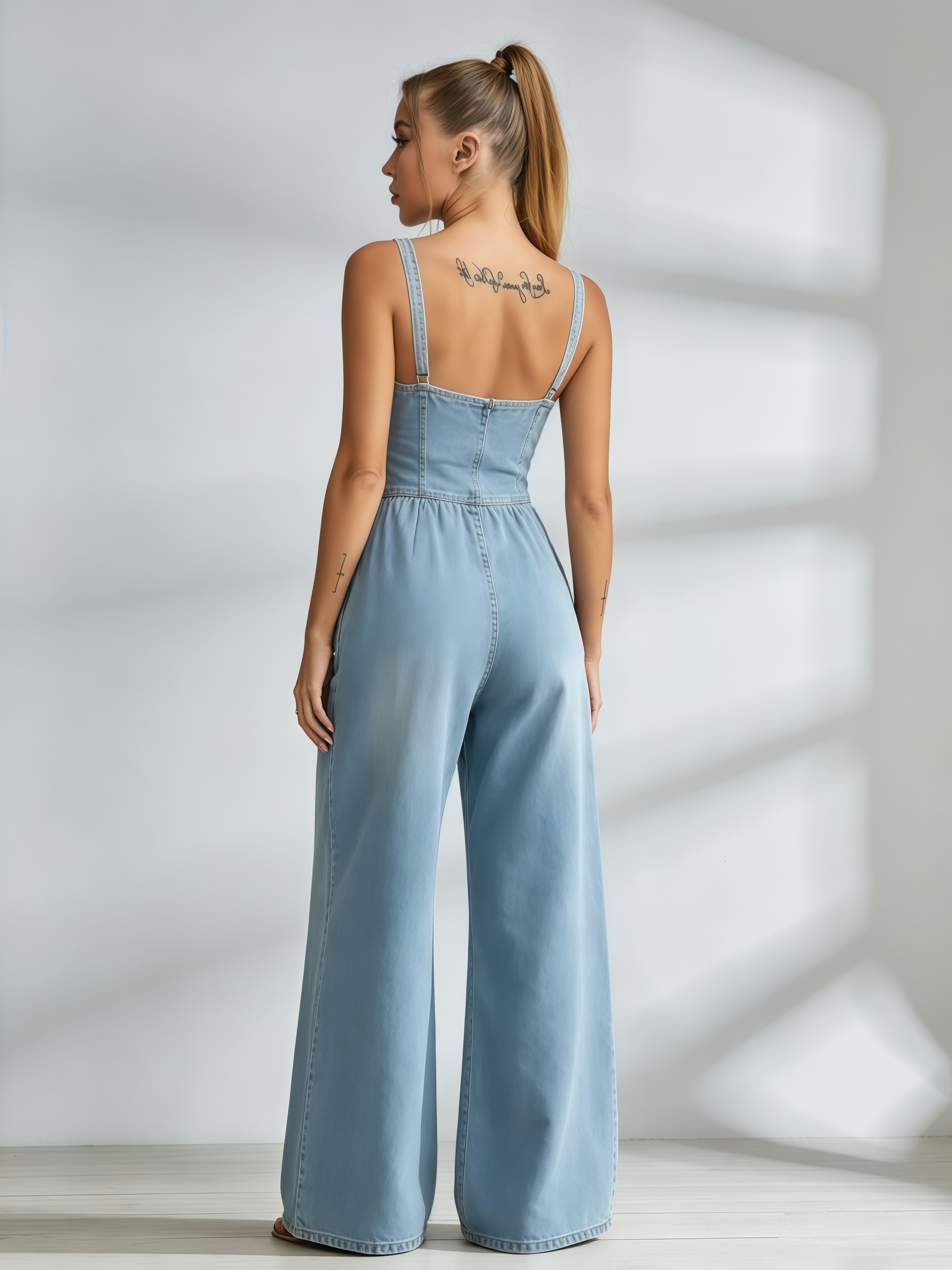 Button‑Front Pocketed Wide‑Leg Denim Jumpsuit