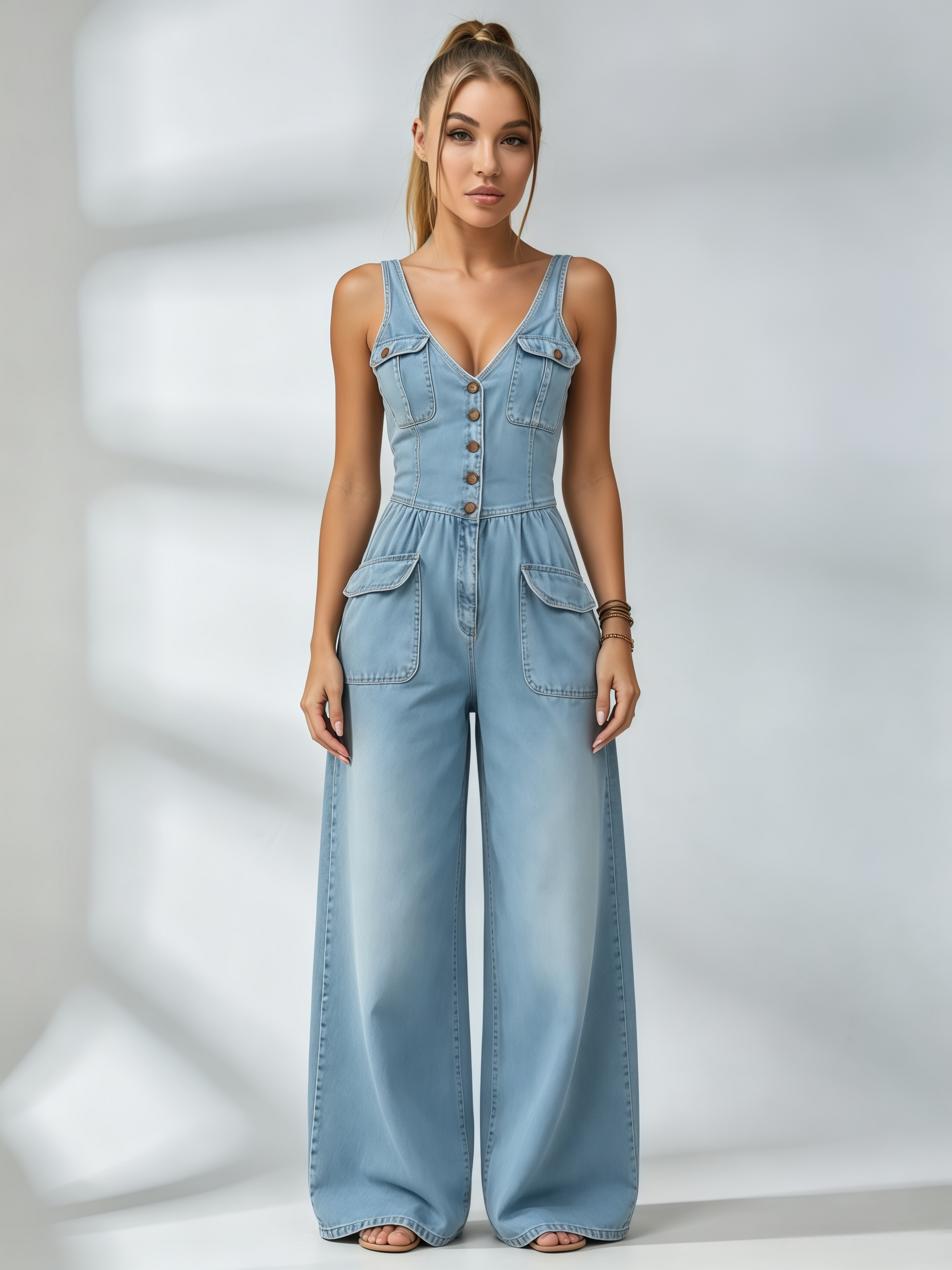 Button‑Front Pocketed Wide‑Leg Denim Jumpsuit