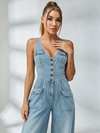 Button‑Front Pocketed Wide‑Leg Denim Jumpsuit