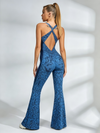 Snake-Print Cross-Back Cutout Flared Jumpsuit