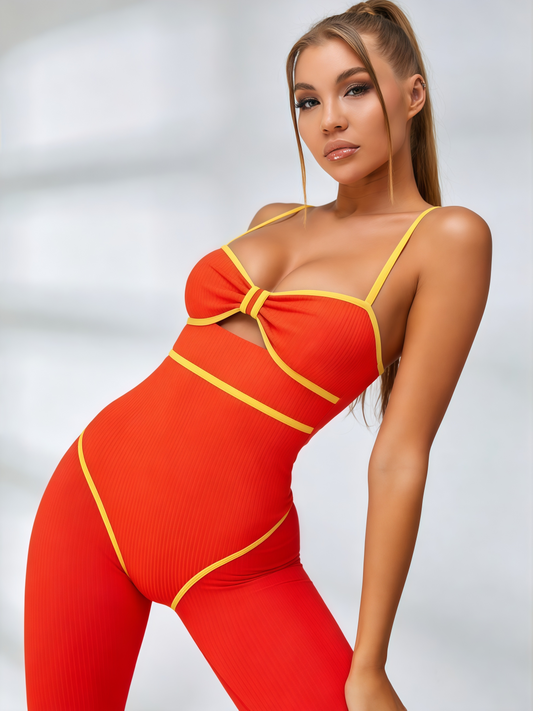 Bow Cutout Ribbed Cami Workout Jumpsuit