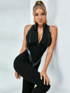 Faux Leather Zipper Stand Collar Push Up Sleevesless Jumpsuit